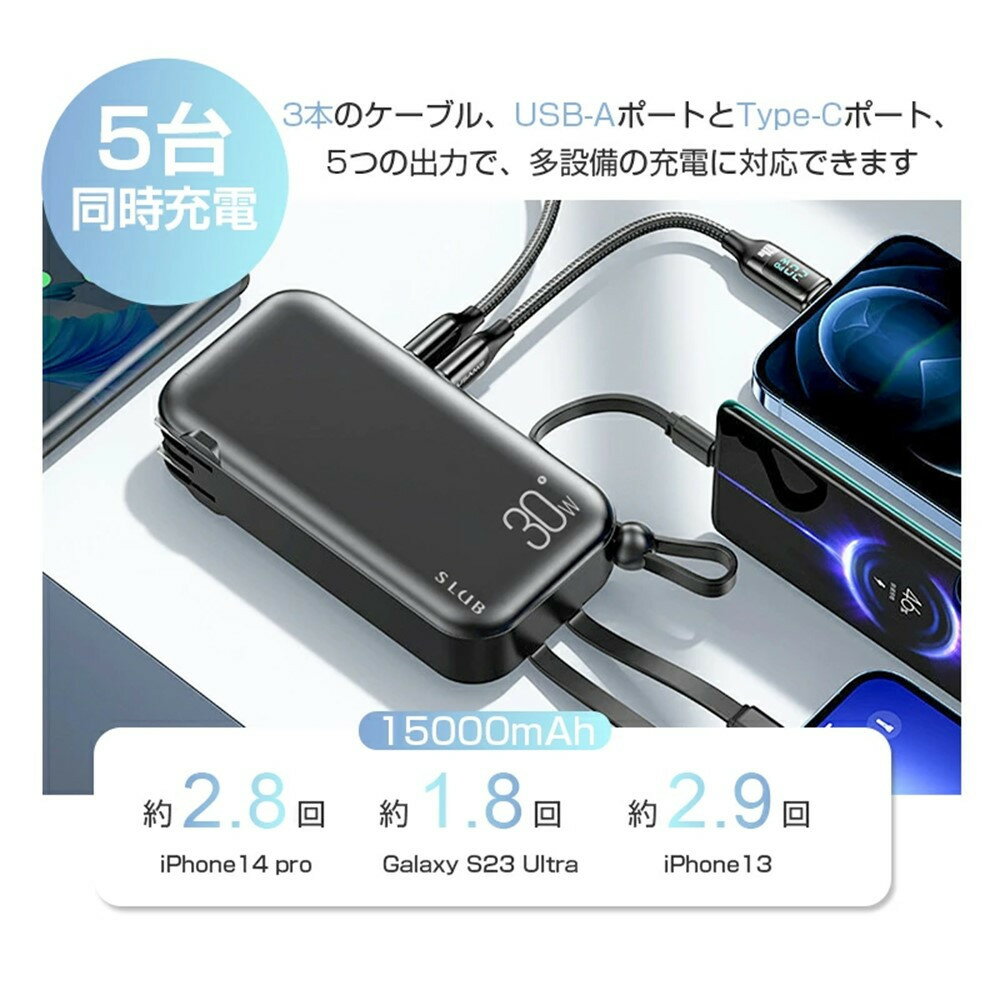 【ふるさと納税】モバイルバッテリー ACアダプター 15000mAh 55.5Wh 防災電源 コンセント一体型 Type-C出入力ポート+USB出力ポート+3本ケーブル内蔵 5台同時充電 PD20W 折りたたみ式プラグ iPhone/iPad/Android各機種対応 90日安心保証付き PSE認証済 サムネイル3