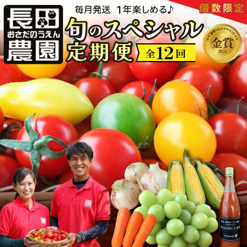 旬 定期便 12回 トマト その他野菜等 詰め合わせ 毎月発送 トマト ミニトマト にんじん トマトジュース 新たまねぎ とうもろこし シャインマスカット 長田農園 野菜ソムリエサミット 金賞 国産 野菜 ランキング急上昇 高評価 愛知県 碧南市 送料無料