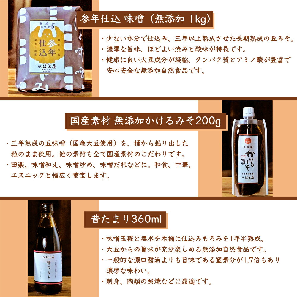 【ふるさと納税】はと屋の3点セット（参年仕込味噌・かけるみそ・たまり）H036-15【冷蔵便】無添加 醤油 しょうゆ 国産 自然食品 調味料 MB サムネイル2