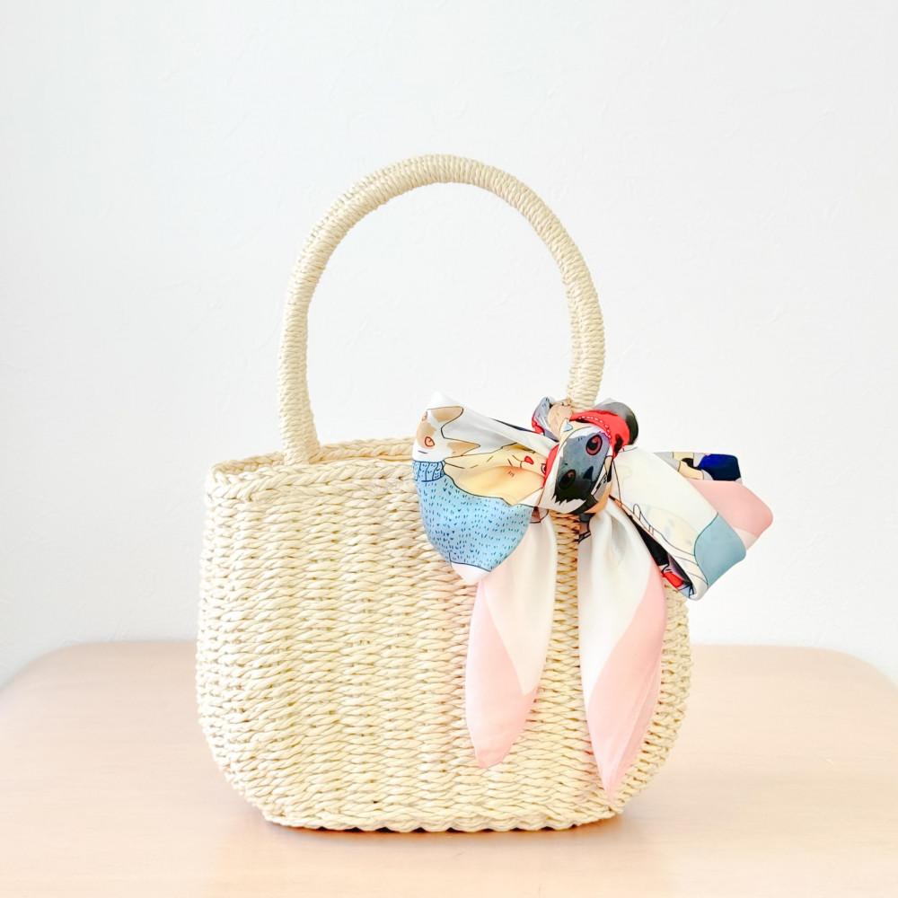 かごバッグ リボン 猫 スカーフ 巾着 インナーバッグ 軽い 夏 浴衣 かばん 大人 可愛い カジュアル カゴバッグ 鞄 ピンク | 雑貨 小物 ファッション 人気 おすすめ 送料無料