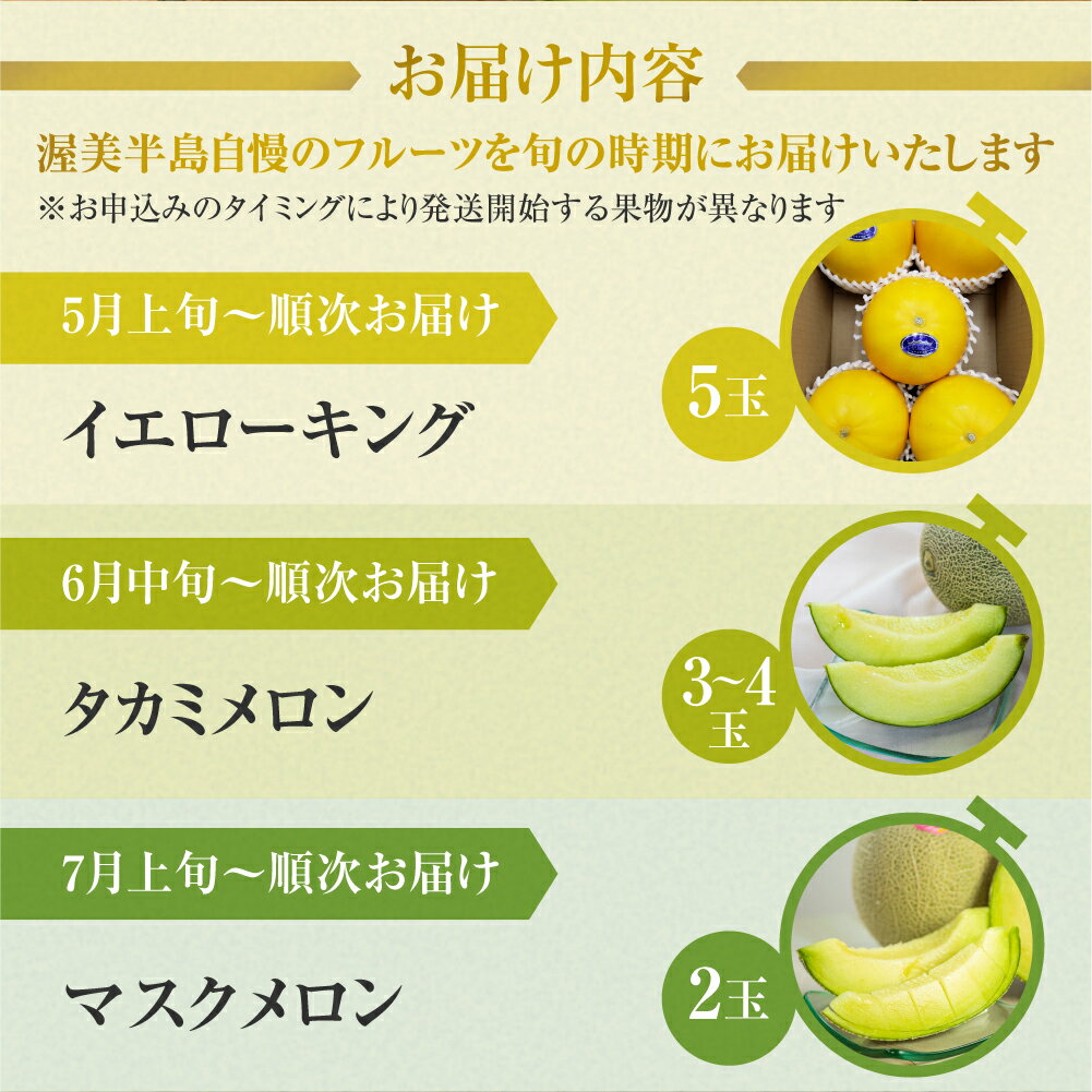 【ふるさと納税】渥美半島の恵み メロン 定期便 3回 ( イエローキング / タカミメロン / マスクメロン) 先行予約 2025年発送 果物 旬 めろん 夏 夏季 食べ比べ 3種 人気 愛知県 田原市 どうまい ド甘い サムネイル2