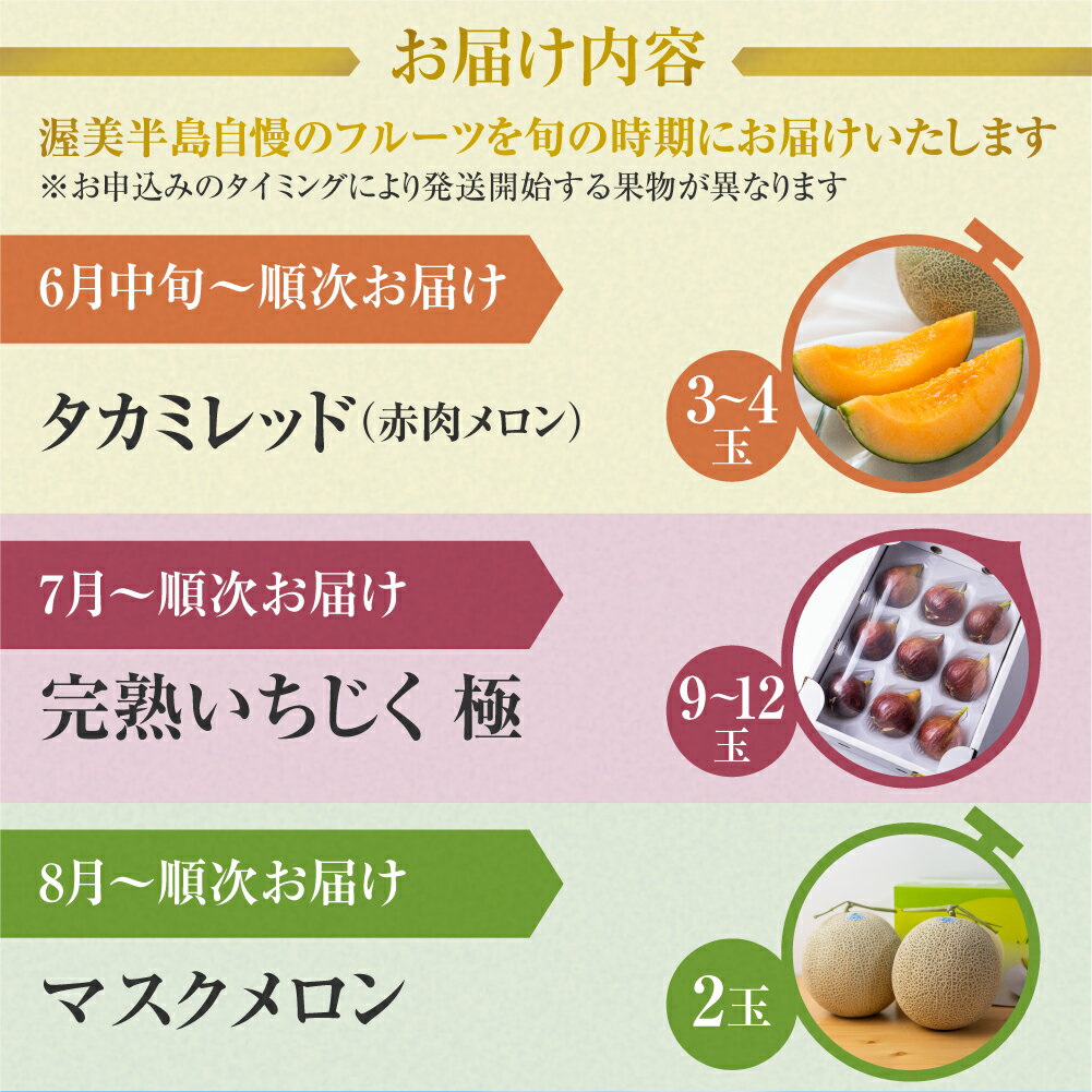 【ふるさと納税】渥美半島の恵み 夏 フルーツ 定期便 3回 ( タカミレッド / いちじく / マスクメロン) 先行予約 2026年発送 くだもの 果物 旬 めろん イチジク 夏 夏季 人気 愛知県 田原市 ド甘い サムネイル2