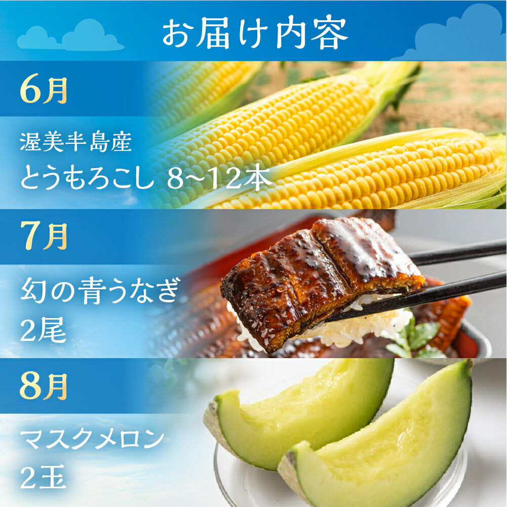 【ふるさと納税】渥美半島　夏のごちそう 定期便 3回（とうもろこし、うなぎ、メロン） 　数量限定 渥美半島 田原市 お取り寄せ 産地直送 送料無料 果物 フルーツ サムネイル2