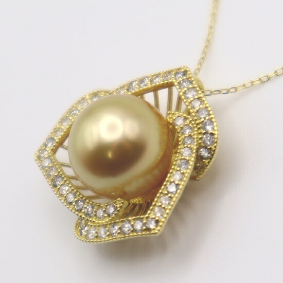 【ふるさと納税】1690　K18 南洋ナチュラルゴールデン真珠　11.0mmup　ダイヤモンド0.54ct　ペンダントネックレス サムネイル2