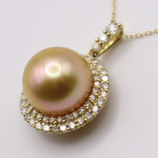 【ふるさと納税】1691　K18 南洋ナチュラルゴールデン真珠　12.0mmup　ダイヤモンド0.82ct　ペンダントネックレス サムネイル2