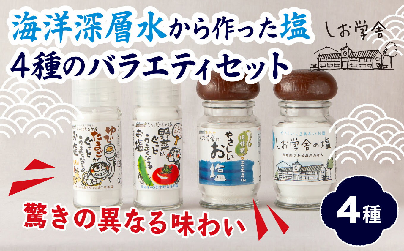 【 海洋深層水 の 塩 】バラエティ セット 4種 米 野菜 玉子 など素材の 旨みが引き立つ 調味料 日用品 お弁当 ギフト 贈り物 にも おすすめ 三重県 尾鷲 しお学舎 MO-20