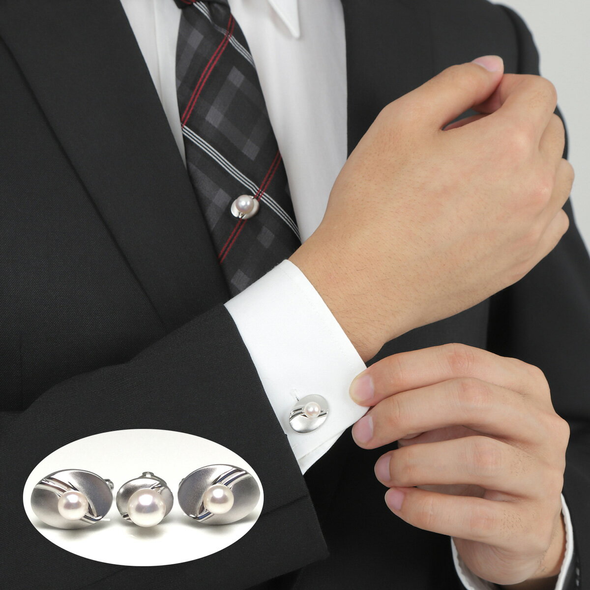 真珠 アクセサリー シルバー タイタック カフス セット パール 8.5ミリ / 7ミリ ネクタイ スーツ メンズ 冠婚葬祭 慶事 弔事 結婚式 入学式 卒業式 / 老舗の真珠専門店・花珠級アコヤ真珠 紳士用パールタイタックセット8.5ミリ/7.0ミリ（タイプ：D）