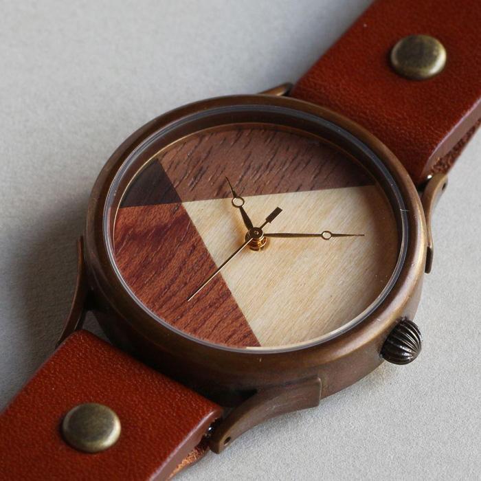 4種類のナチュラルウッドを組み合わせて作るハンドメイドウォッチ　Lサイズ　ベルトカラー：茶　WB077L-茶