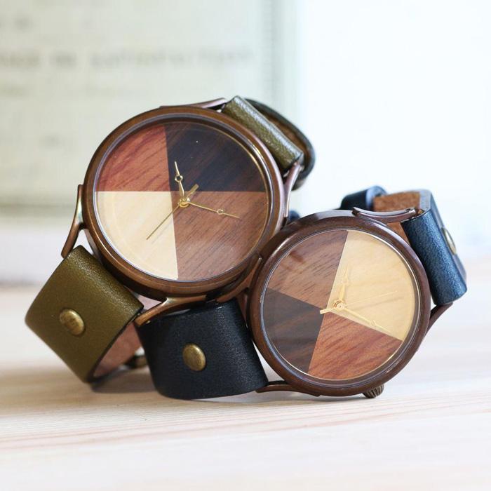 ペアウォッチ　2本セット　4種類のウッドを組み合わせたハンドメイドウォッチ　WB077 Lサイズ：茄子紺 Xサイズ：オリーブ