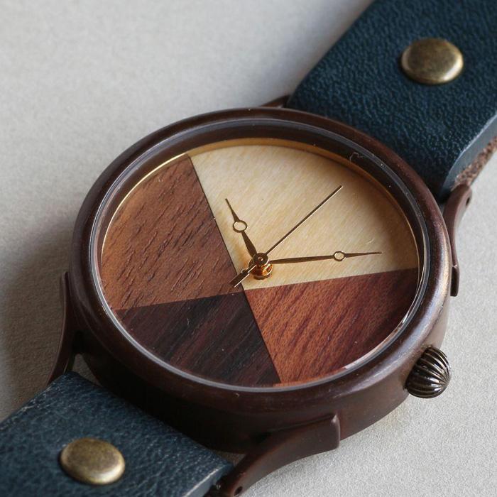 【ふるさと納税】ペアウォッチ　2本セット　4種類のウッドを組み合わせたハンドメイドウォッチ　WB077 Lサイズ：茄子紺 Xサイズ：オリーブ サムネイル3