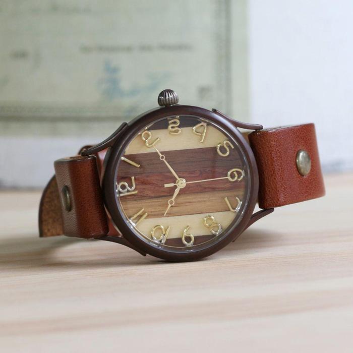 5種類のナチュラルウッドを組み合わせて作るハンドメイドウォッチ　インデックス有　Lサイズ　ベルトカラー：茶　WB081L(45)-茶