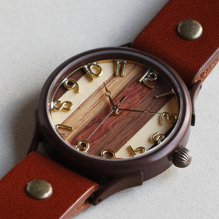 【ふるさと納税】5種類のナチュラルウッドを組み合わせて作るハンドメイドウォッチ　インデックス有　Lサイズ　ベルトカラー：茶　WB081L(45)-茶 サムネイル2