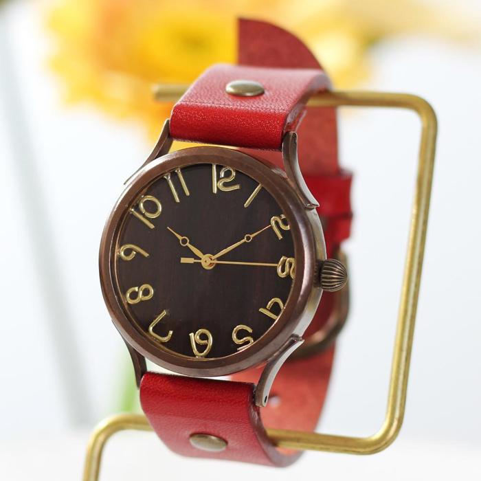 ナチュラルウッド【黒檀こくたん】で作る文字盤が魅力的なハンドメイドウォッチ Lサイズ W1 ベルトカラー：赤　WB045L W1-赤