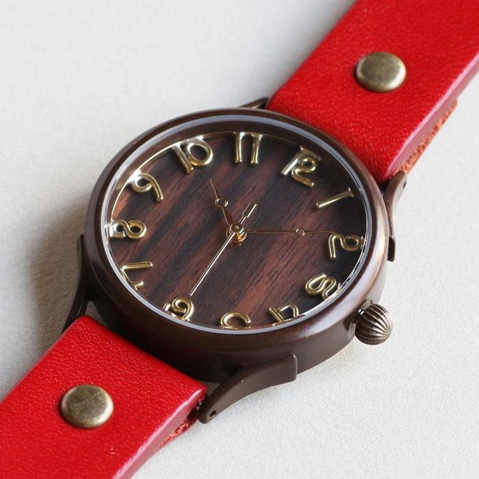 【ふるさと納税】ナチュラルウッド【黒檀こくたん】で作る文字盤が魅力的なハンドメイドウォッチ Lサイズ W1 ベルトカラー：赤　WB045L W1-赤 サムネイル2