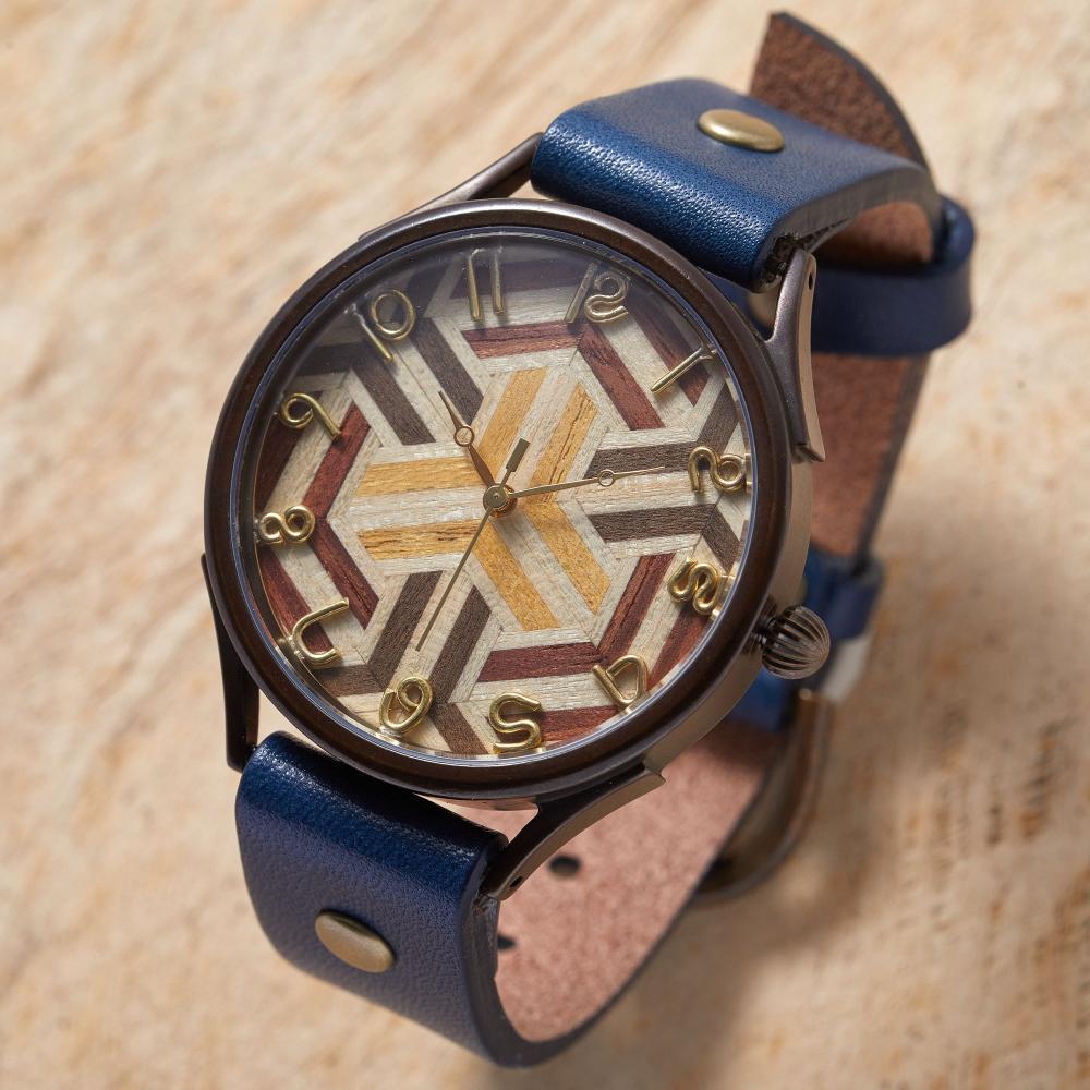伝統工芸【寄木細工】で作るハンドメイドウォッチ　亀甲デザイン　Xサイズ　ベルトカラー：茄子紺　WJ011X 03-茄子紺