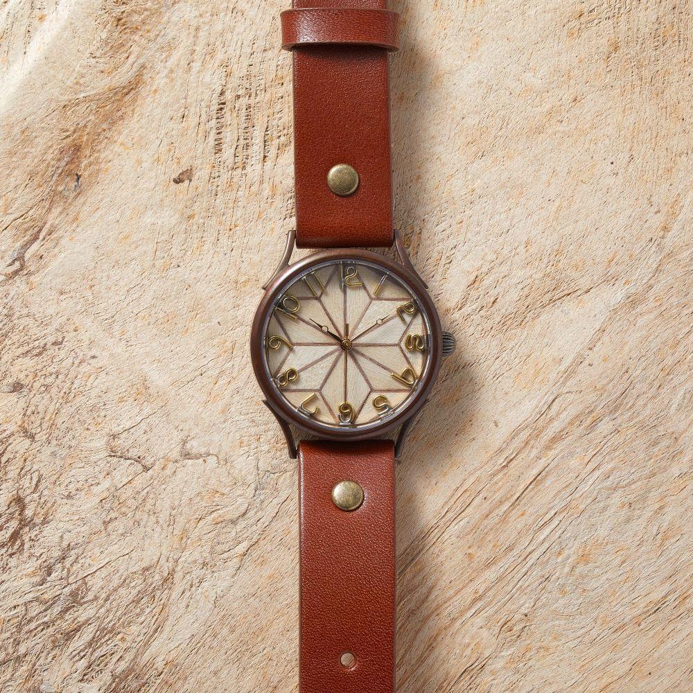 【ふるさと納税】伝統工芸【寄木細工】で作るハンドメイドウォッチ　白麻ノ葉デザイン　Lサイズ　ベルトカラー：茶　WJ011L 04-茶 サムネイル2