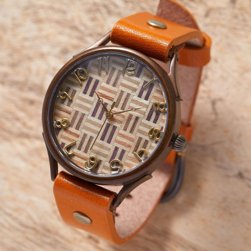 伝統工芸【寄木細工】で作るハンドメイドウォッチ　崩し(斜め)デザイン　Xサイズ　ベルトカラー：蜜柑　WJ011X 05-蜜柑