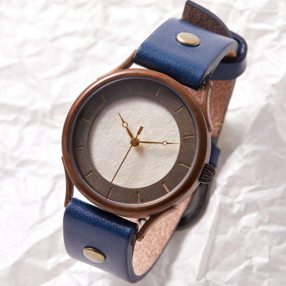 伝統工芸品【本美濃紙】の文字盤が美しいハンドメイドウォッチ　バーデザイン　ベルトカラー：茄子紺　WJ002L 本美濃紙-茄子紺