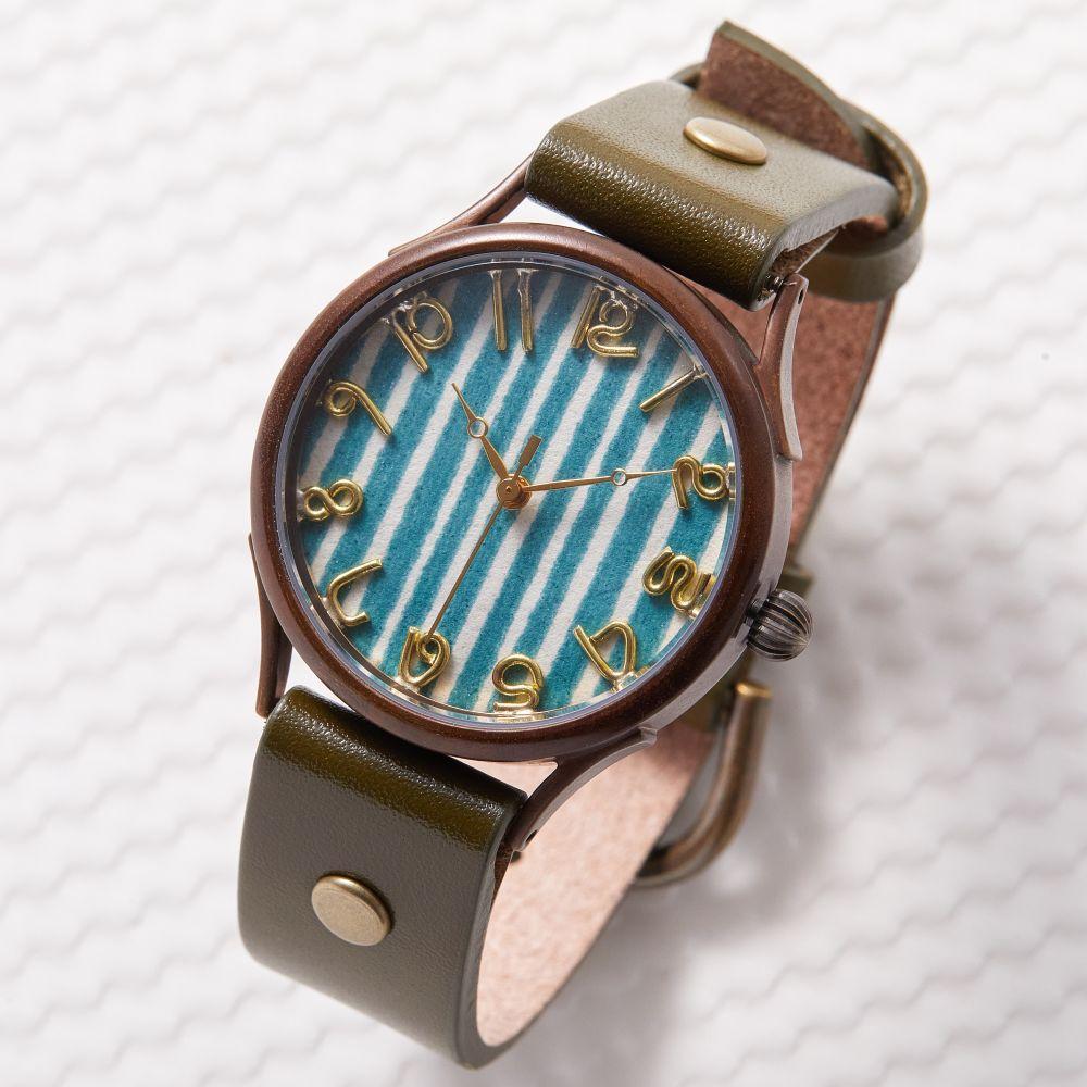 伝統文様【縞緑】が美しい 和染千代紙で作ったハンドメイドウォッチ　ベルトカラー：オリーブ　WJ004L 縞緑-オリ−ブ