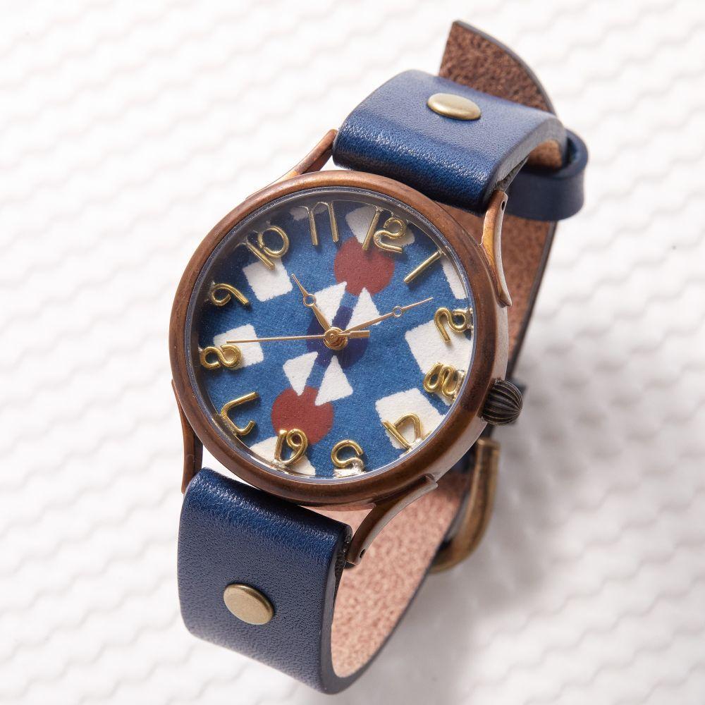 伝統文様【数珠】が美しい 和染千代紙で作ったハンドメイドウォッチ　ベルトカラー：茄子紺　WJ004L 数珠-茄子紺