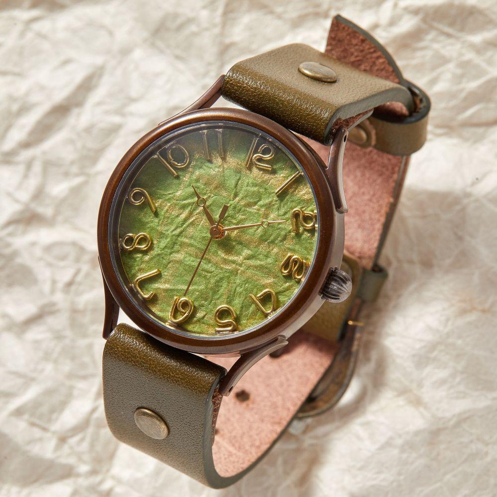 【金彩銀彩】で彩る上品な「黄緑」が美しいハンドメイドウォッチ　伝統工芸品　ベルトカラー：オリーブ　WJ008L 黄緑-オリーブ