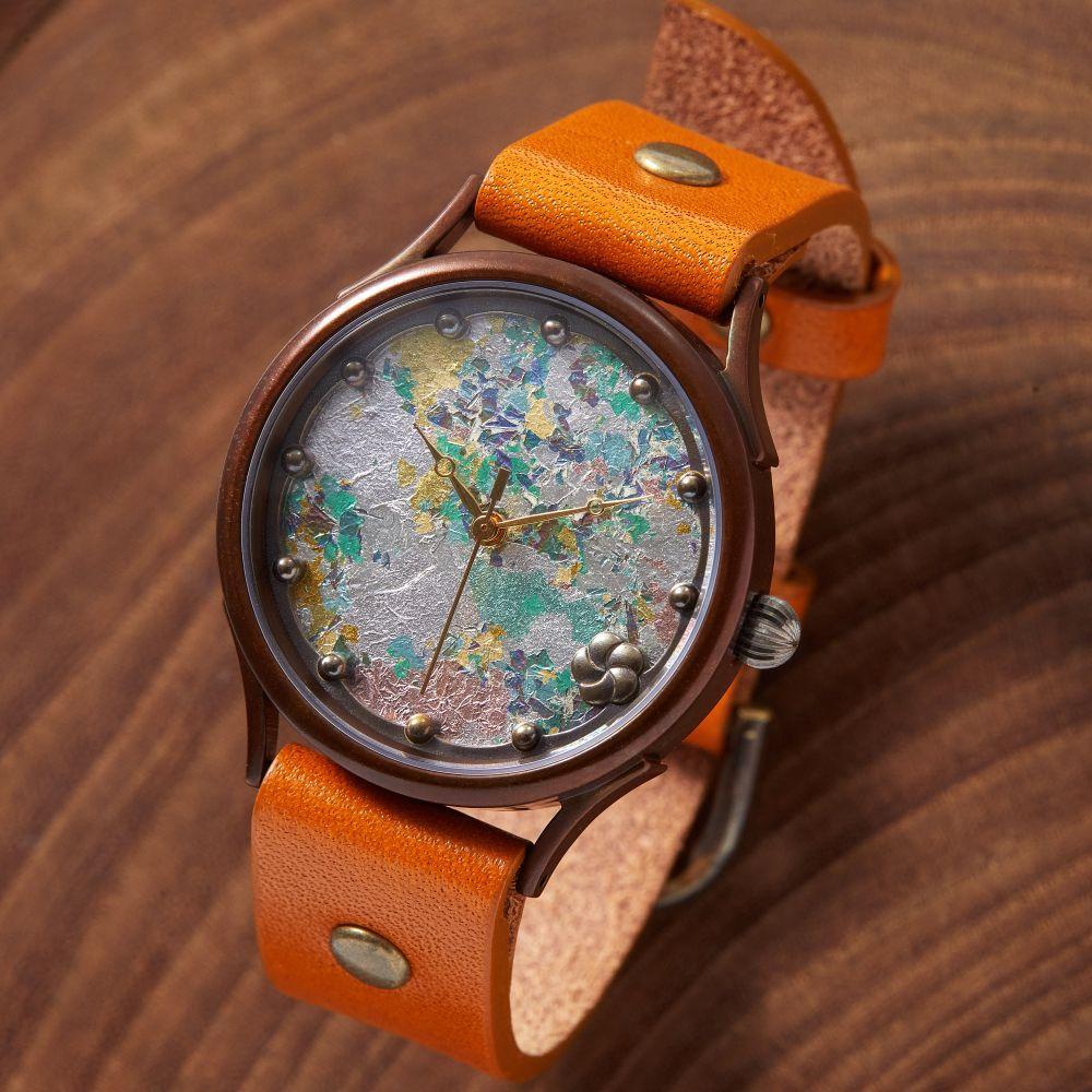 「西陣切り紙」で作る 繊細な紋様の【紫陽花あじさい】が美しいハンドメイウォッチ　ベルトカラー：蜜柑　WJ009L 紫陽花-蜜柑