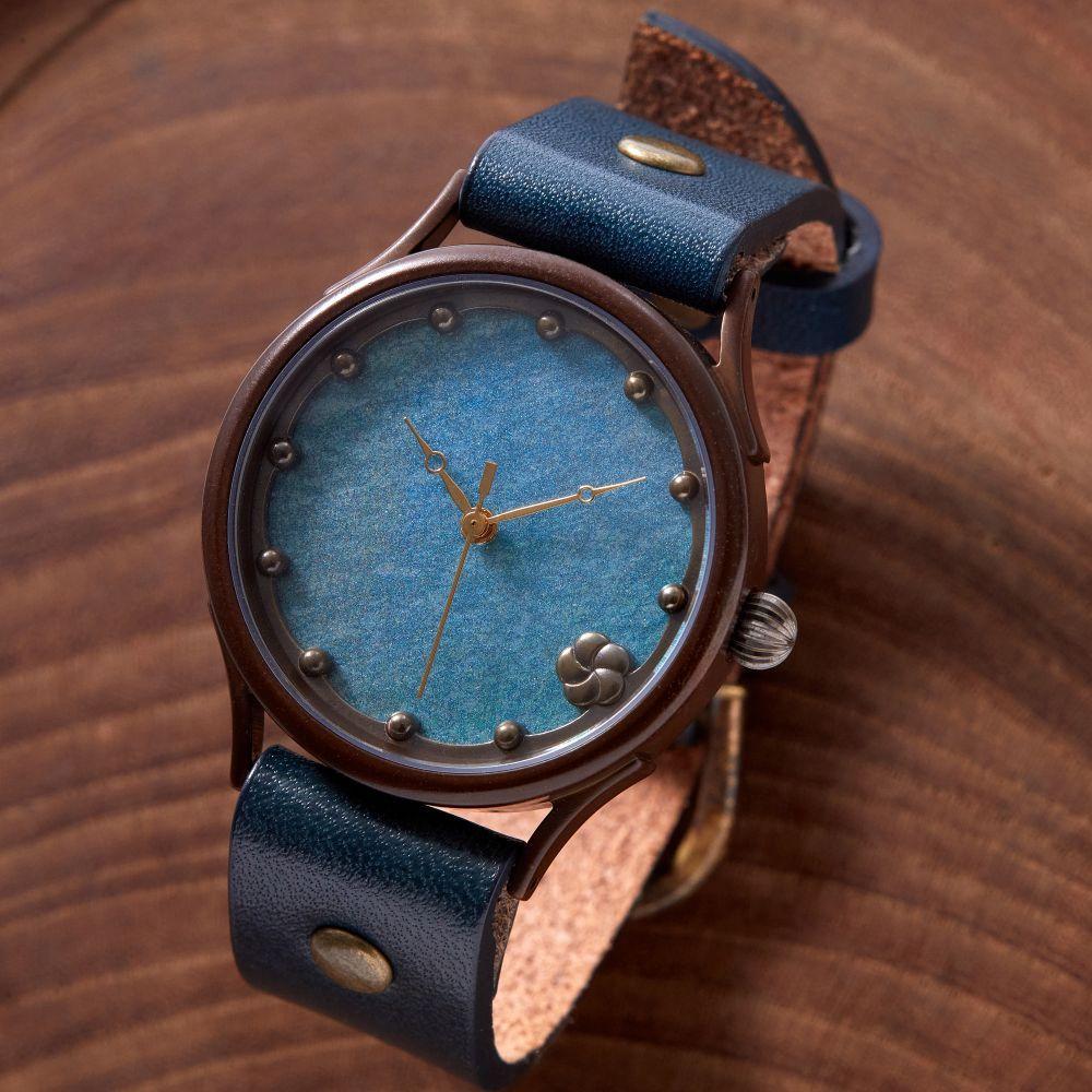 「西陣切り紙」で作る 繊細な紋様の【浅葱あさぎ】が美しいハンドメイウォッチ　ベルトカラー：茄子紺　WJ009L 浅葱-茄子紺