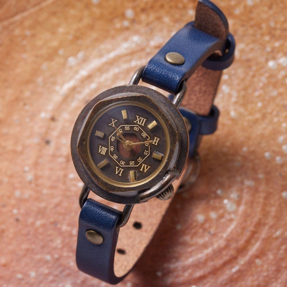 天然樹木【ウォールナット】と八角形デザインの文字盤が可愛い腕時計　Sサイズ　ベルトカラー：茄子紺　WB007S W4-茄子紺