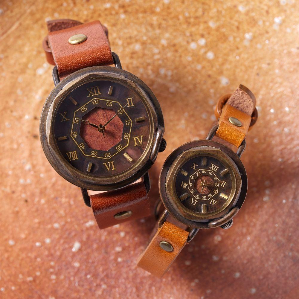 【ペアウォッチ】 天然樹木「ウォールナット」「ブビンカ」と八角形文字盤のハンドメイドウォッチ　2本　WB007 S-W4蜜柑/M-W2茶