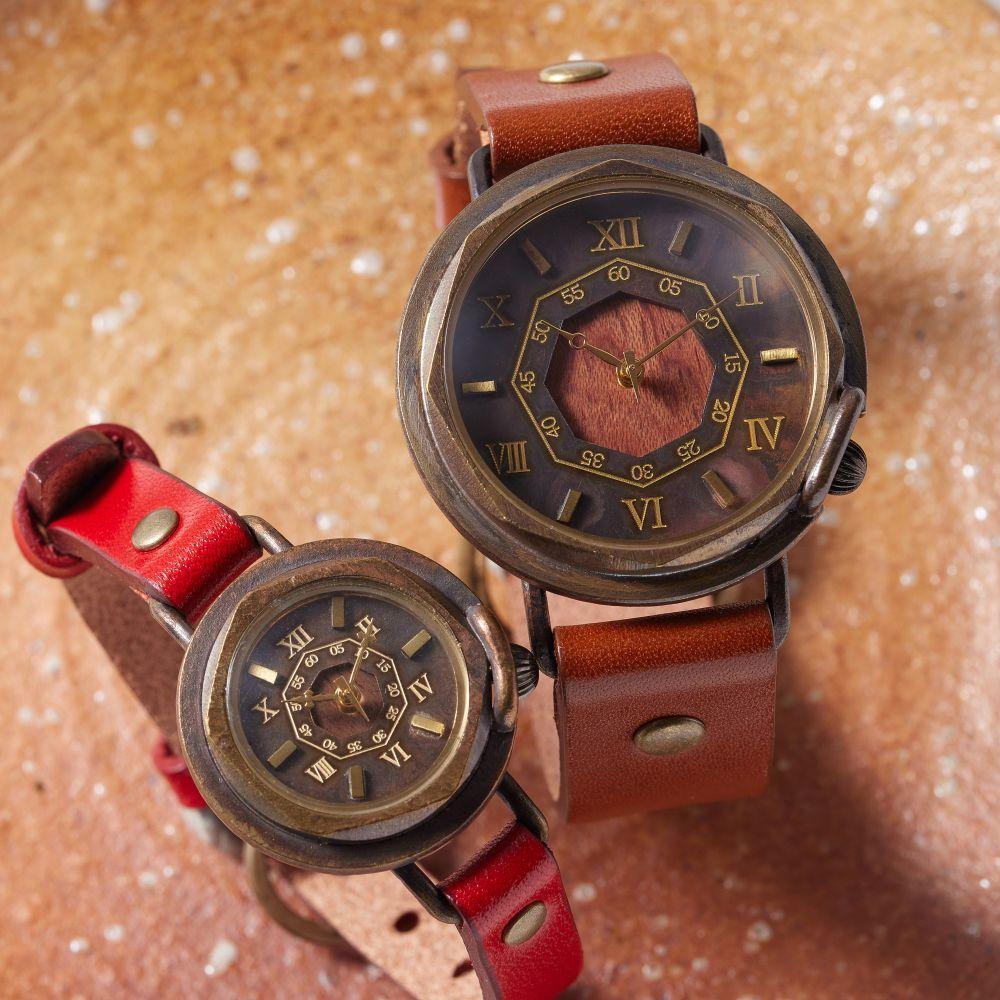 【ペアウォッチ】 天然樹木「ウォールナット」「ブビンカ」で作る八角形文字盤がクールで美しいハンドメイドウォッチ WB007ペアセット SサイズW4-赤・MサイズW2-茶
