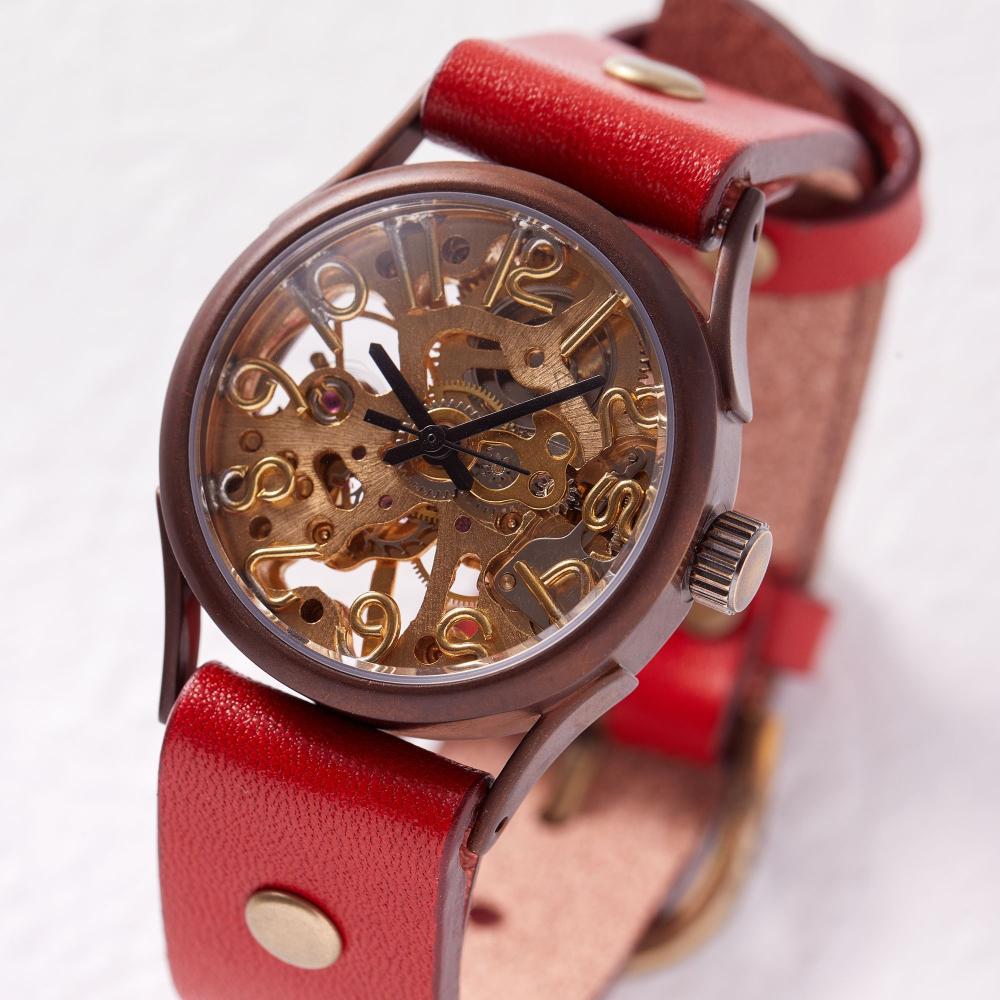 機械-手巻き式ハンドメイドウォッチ　歯車の音色と動きが美しいスケルトンデザイン　ベルトカラー：赤　WB044 赤