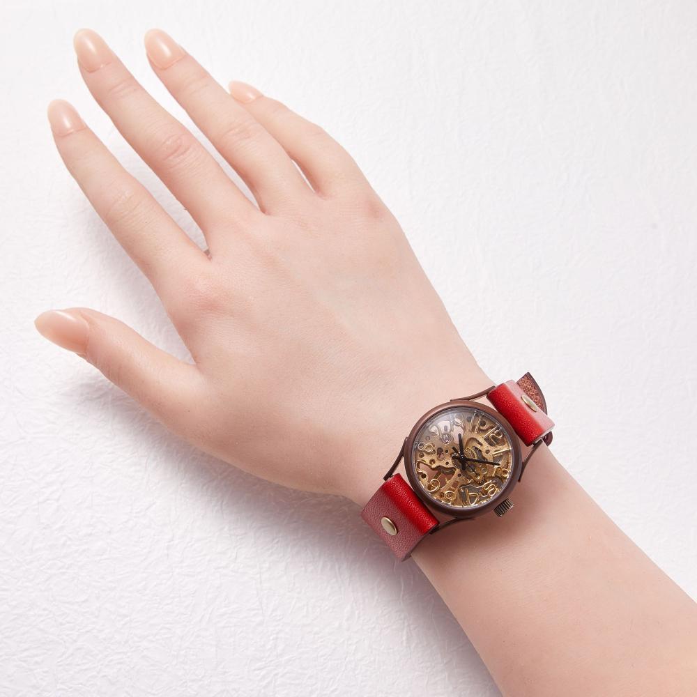 【ふるさと納税】機械-手巻き式ハンドメイドウォッチ　歯車の音色と動きが美しいスケルトンデザイン　ベルトカラー：赤　WB044 赤 サムネイル2