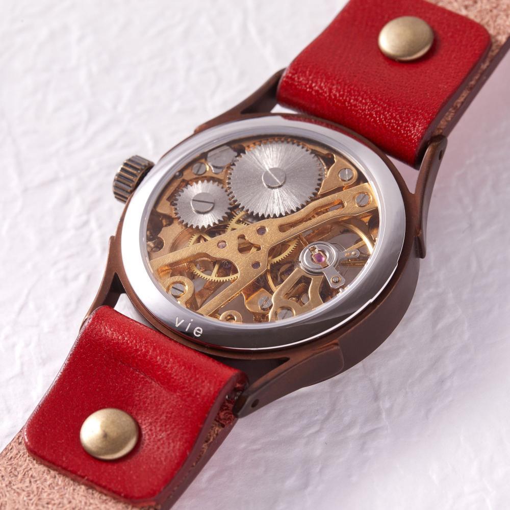 【ふるさと納税】機械-手巻き式ハンドメイドウォッチ　歯車の音色と動きが美しいスケルトンデザイン　ベルトカラー：赤　WB044 赤 サムネイル3