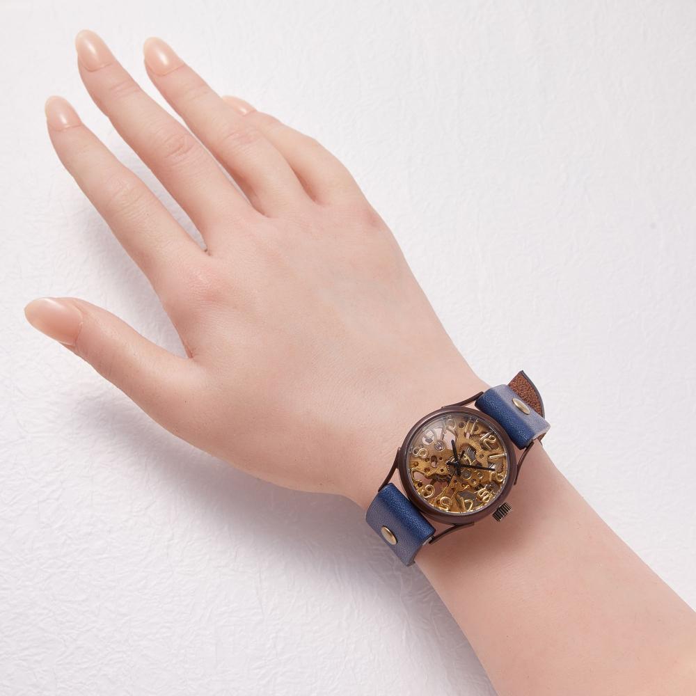 【ふるさと納税】機械-手巻き式ハンドメイドウォッチ　歯車の音色と動きが美しいスケルトンデザイン　ベルトカラー：茄子紺　WB044 茄子紺 サムネイル2