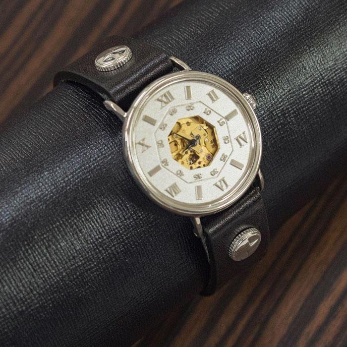 一期一会 【銀】をひとつひとつ手作業で削り出して作る【機械-手巻き式】ハンドメイドウォッチ　WS001-黒