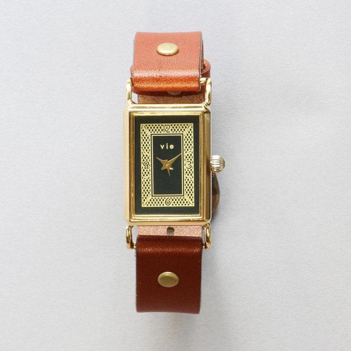 マットブラックがクールな腕時計　スクエアデザイン　ハンドメイドウォッチ　ベルトカラー：茶　WB088黒-茶