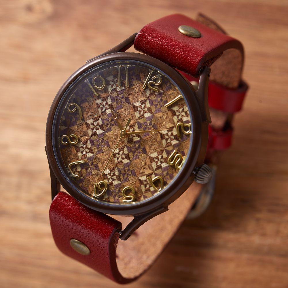 伝統工芸【寄木細工】で作るハンドメイドウォッチ　極小切違デザイン　Xサイズ　ベルトカラー：赤　WJ011X 02-赤