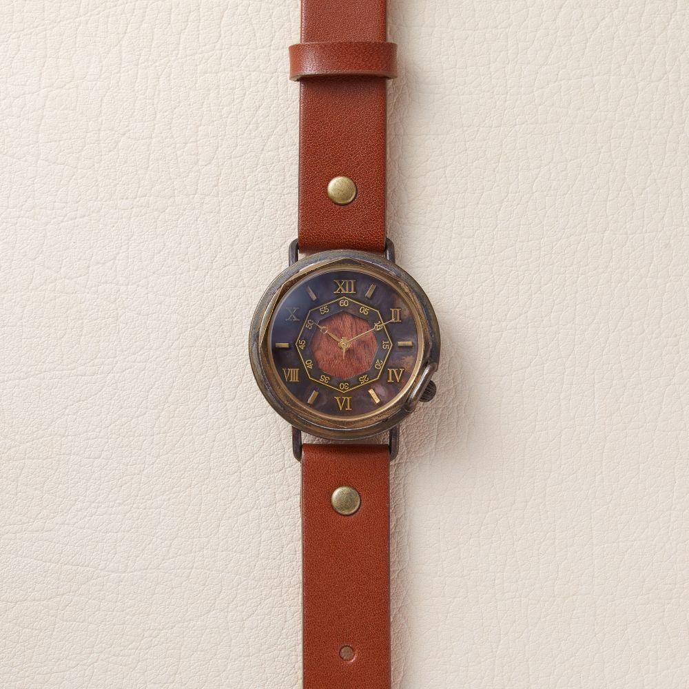 【ふるさと納税】天然樹木【ブビンカ】と八角形デザインの文字盤が可愛いハンドメイドウォッチ Mサイズ ベルトカラー：茶 WB007M W2-茶 サムネイル2