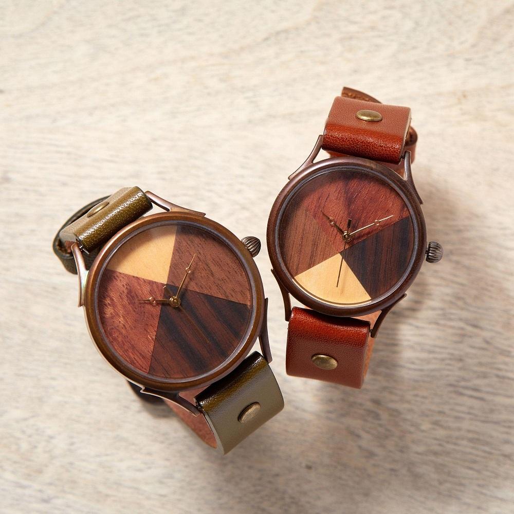 ペアウォッチ 2本セット　4種類のウッドを組み合わせて作ったハンドメイドウォッチ　WB077 Lサイズ：茶−Xサイズ：オリーブ