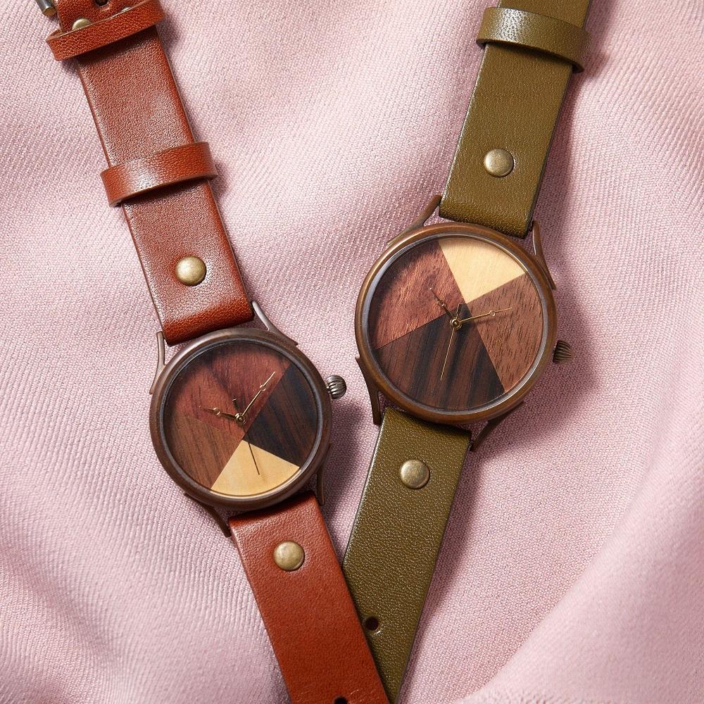 【ふるさと納税】ペアウォッチ 2本セット　4種類のウッドを組み合わせて作ったハンドメイドウォッチ　WB077 Lサイズ：茶−Xサイズ：オリーブ サムネイル2