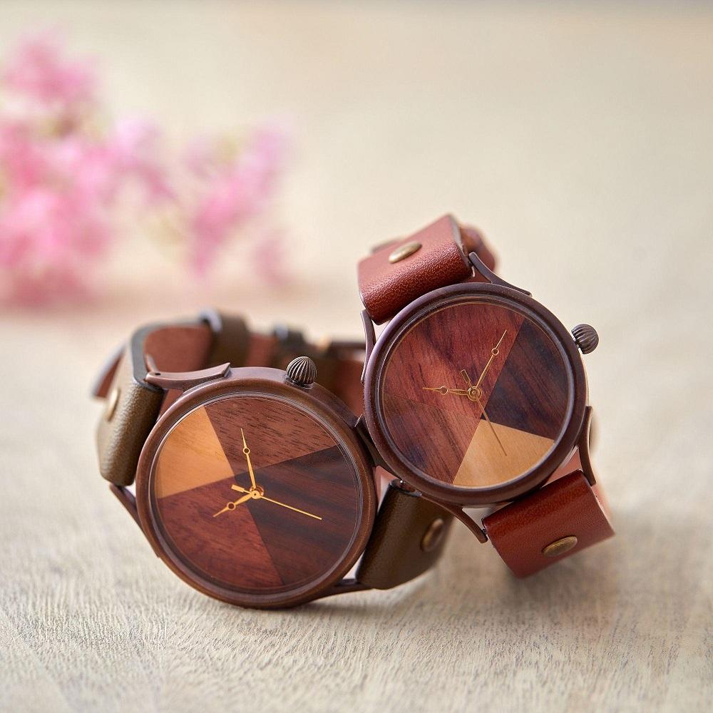 【ふるさと納税】ペアウォッチ 2本セット　4種類のウッドを組み合わせて作ったハンドメイドウォッチ　WB077 Lサイズ：茶−Xサイズ：オリーブ サムネイル3