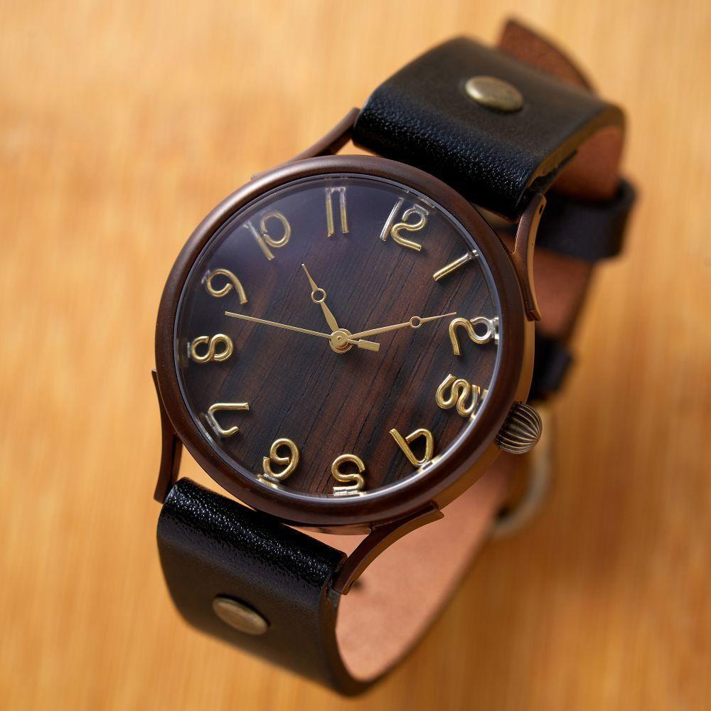 ナチュラルウッド【黒檀こくたん】で作る文字盤が魅力的なハンドメイドウォッチ Lサイズ W1 ベルトカラー：黒　WB045L W1-黒