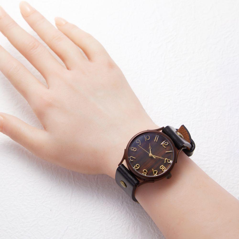 【ふるさと納税】ナチュラルウッド【黒檀こくたん】で作る文字盤が魅力的なハンドメイドウォッチ Lサイズ W1 ベルトカラー：黒　WB045L W1-黒 サムネイル3