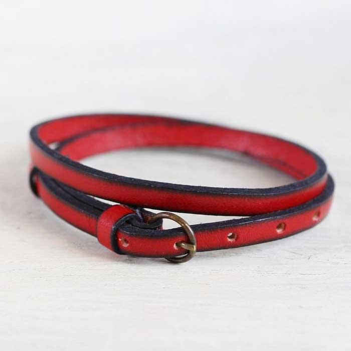 【イタリアンレース 2重巻きブレスレット】スリムでクールなレザーアクセサリー レザーカラー：赤　WL004 赤