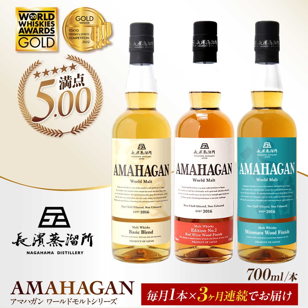 【全3回定期便】長濱蒸溜所 AMAHAGAN 人気ウイスキーが毎月届く定期便（ワールドモルトシリーズ)[AQBX042] 定期便 アマハガン ウイスキー ウィスキー 洋酒 ロック 水割り ストレート ハイボール モルト ギフト プレゼント 国産 贈答 長浜浪漫ビール