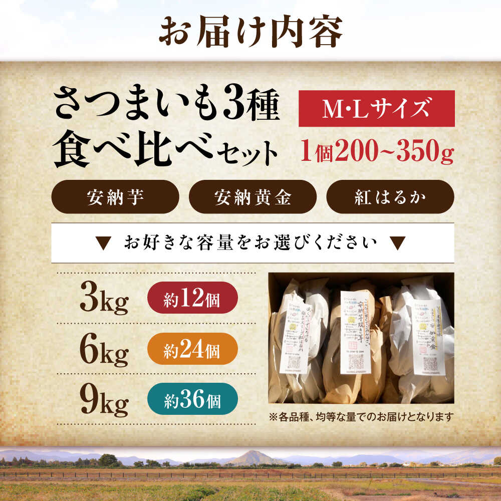 【ふるさと納税】【選べる容量】【厳選】熟成さつまいも3種食べ比べセット3kg～9kg サツマイモ さつま芋 薩摩芋 さつまいも 食べ比べ 紅はるか 安納芋 安納黄金 オーブン レンジ トースター ホクホク やき芋 焼きいも スイーツ 送料無料 滋賀県長浜市/好作豊吉[AQCF017] - 画像2