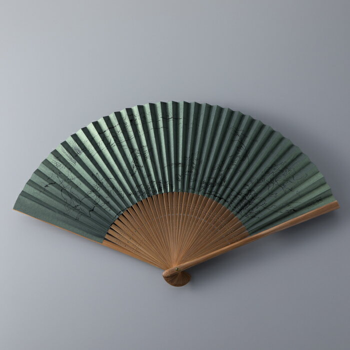 【L-573】鈴木扇子店 鳥獣戯画うるし画緑地（スス骨） 7.5寸(約22.5cm) ［高島屋選定品］