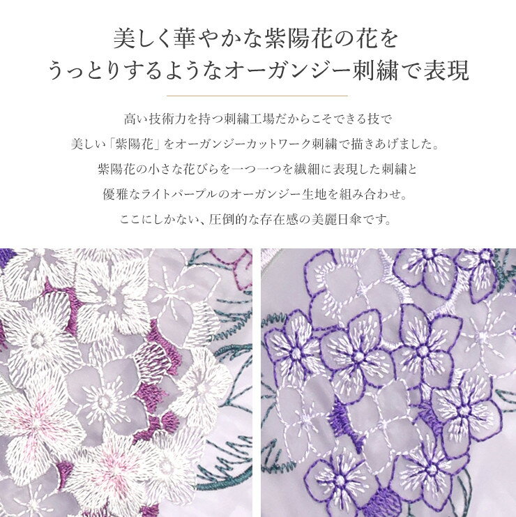 【ふるさと納税】【シノワズリーモダン京都】女優日傘プレミアム 紫陽花オーガンジー刺繍 かわず張り長日傘 (日傘,長日傘,女優日傘)［ 京都 日傘 ブランド 女優日傘 完全遮光 晴雨兼用 おしゃれ 軽量 人気 おすすめ ギフト プレゼント サムネイル2