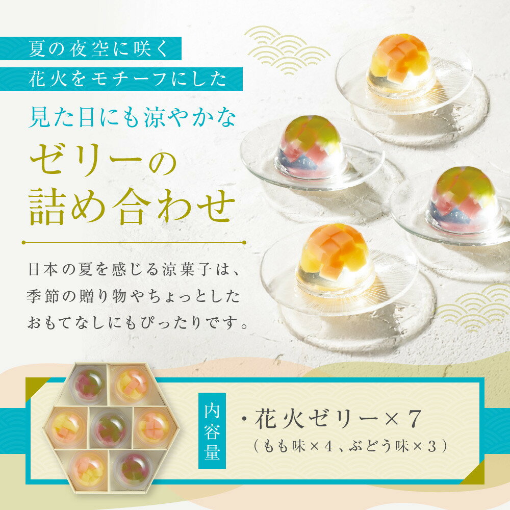 【ふるさと納税】【菓匠八】涼夏のしずく(7個)［ シャディ スイーツブランド フルーツゼリー 花火ゼリー カラフル おしゃれ 人気 おすすめ 夏 花火 フルーツ 果物 もも ぶどう 手土産 ギフト プレゼント お中元 お取り寄せ 通販 送料無料 ふるさと納税 ］ - 画像2