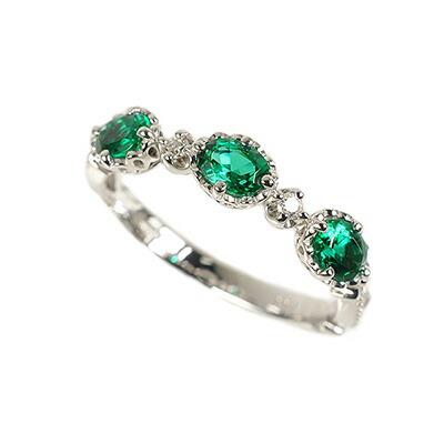 【京セラ】クレサンベール〈エメラルド・天然ダイヤモンド〉リング | オーバル3石 アンティーク風 5月誕生石 K18ホワイトゴールド 京都 京都市 アクセサリー ジュエリー 宝石 ギフト 人気 贈り物 ご自宅用